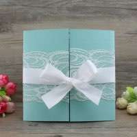 Gate Fold Lace Invitation Card with Ribbon Bow Marriage Invitation Customized